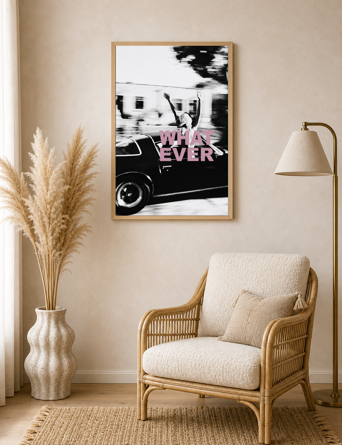 Whatever Retro Car Wall Art Print in Black & White - wood framed poster