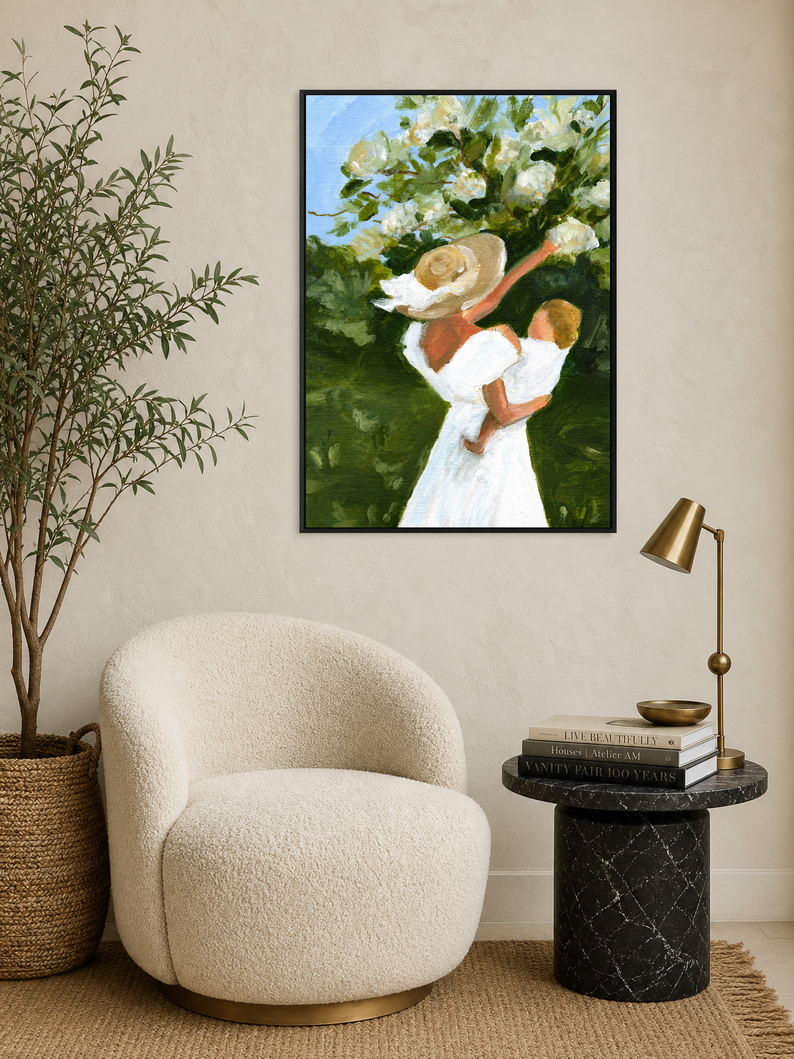 Mother and Child in Garden Wall Art Print - black framed