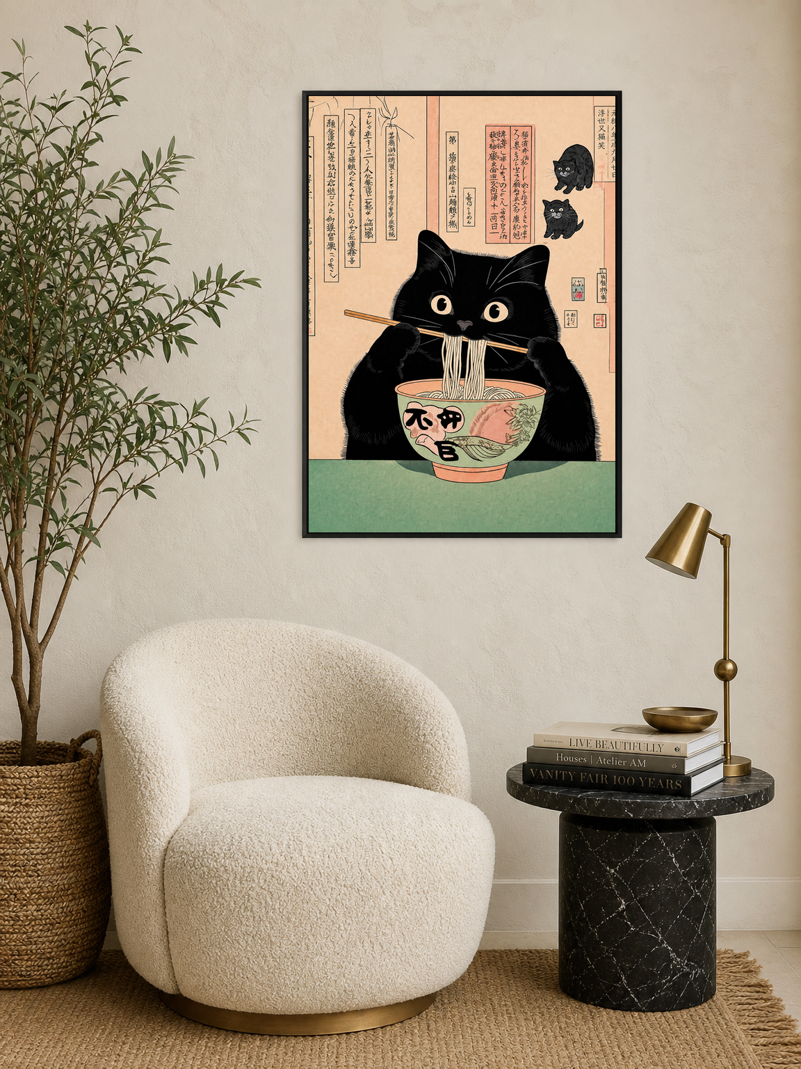 Black Cat Ramen Japanese Wall Art Print - black framed