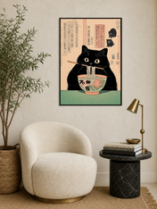 Black Cat Ramen Japanese Wall Art Print - black framed