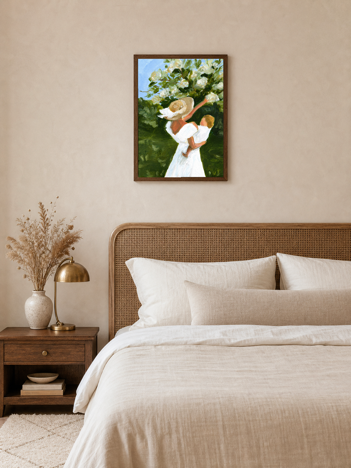 Mother and Child in Garden Wall Art Print - dark wood framed