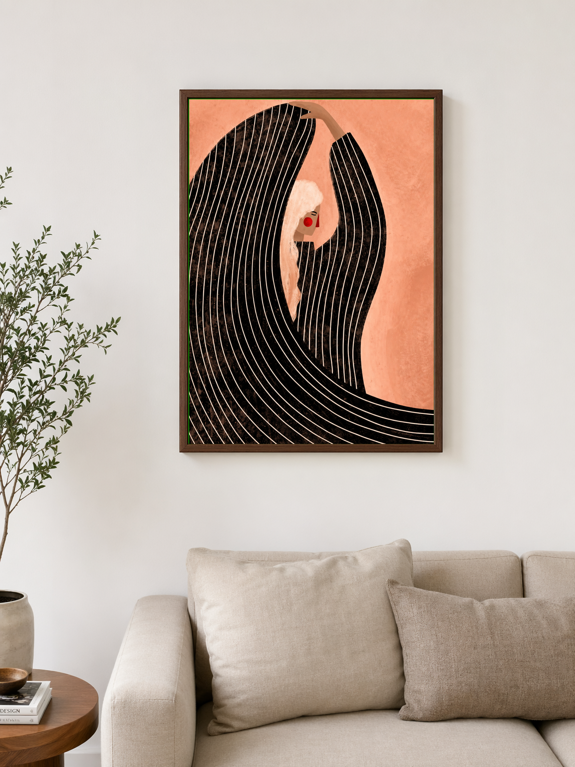 Minimalist Woman Illustration Wall Art Print - dark wood framed
