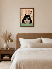 Black Cat Ramen Japanese Wall Art Print - dark wood framed