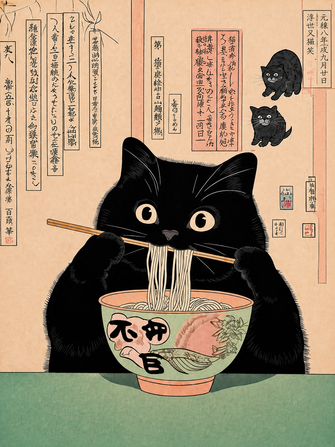 Black Cat Ramen Japanese Wall Art Print - unframed