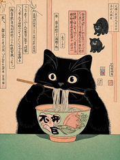 Black Cat Ramen Japanese Wall Art Print - unframed