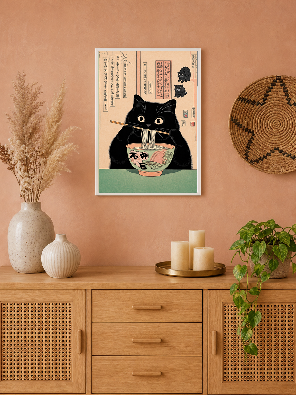 Black Cat Ramen Japanese Wall Art Print - white framed