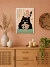 Black Cat Ramen Japanese Wall Art Print - white framed