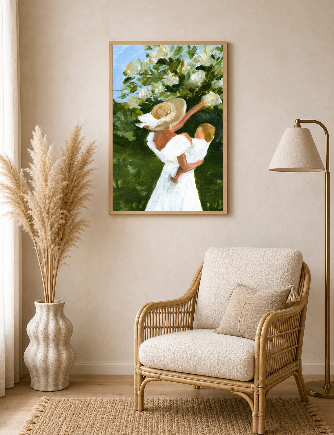 Mother and Child in Garden Wall Art Print - wood framed poster