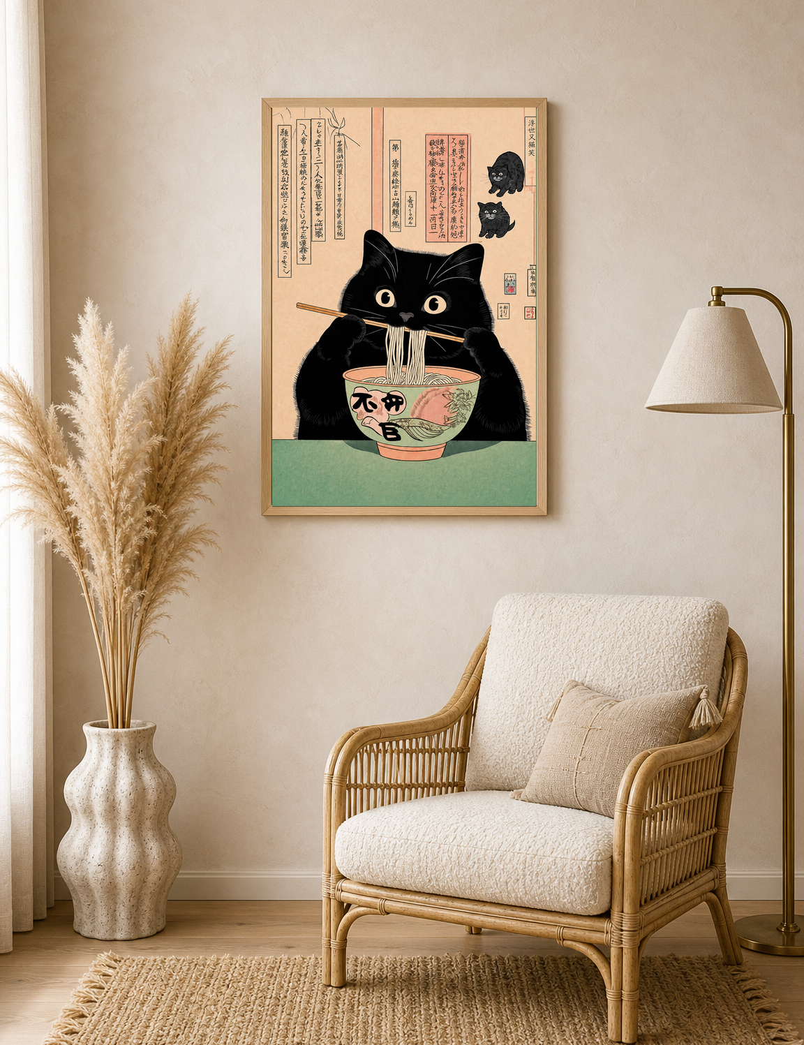 Black Cat Ramen Japanese Wall Art Print - wood framed poster