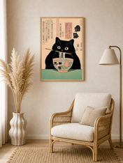 Black Cat Ramen Japanese Wall Art Print - wood framed poster