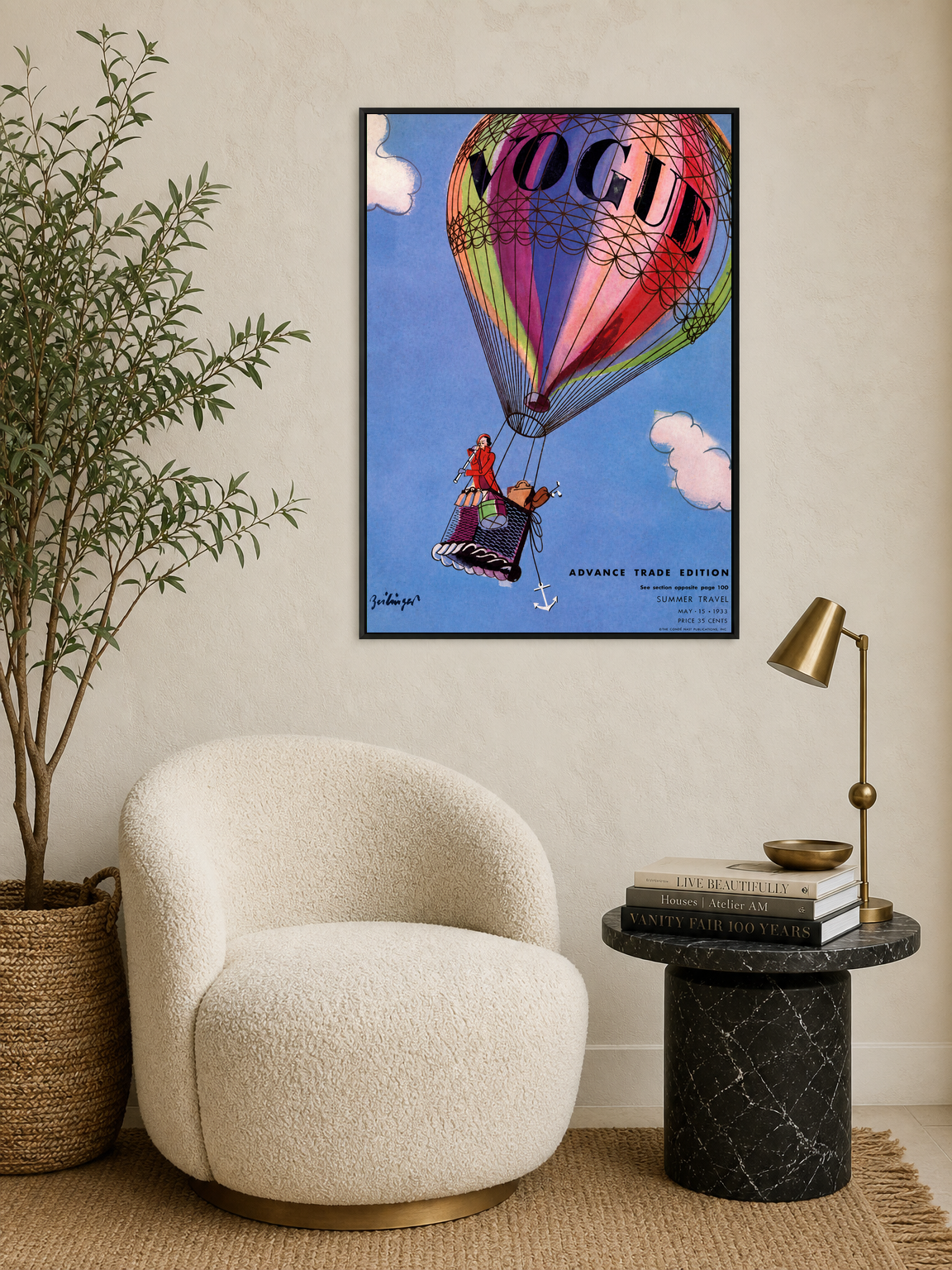 Vogue Hot Air Balloon Vintage Wall Art Print - black framed