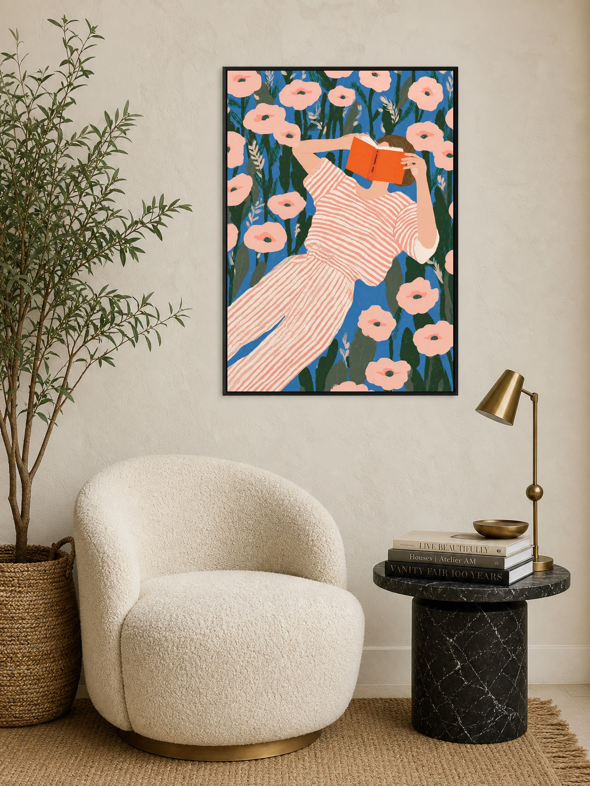 Girl Reading in Flower Field Wall Art Print - black framed