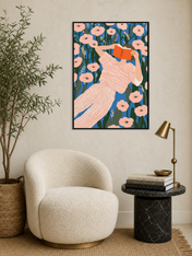 Girl Reading in Flower Field Wall Art Print - black framed