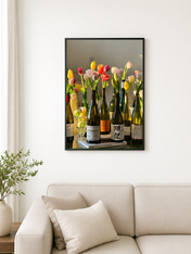 Tulips in Wine Bottles Still Life Wall Art Print - black framed