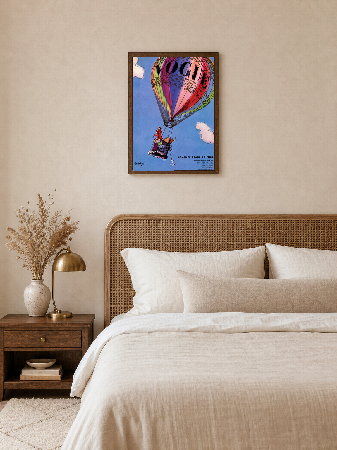 Vogue Hot Air Balloon Vintage Wall Art Print - dark wood framed