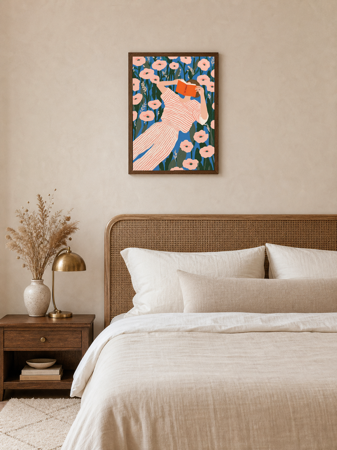 Girl Reading in Flower Field Wall Art Print - dark wood framed