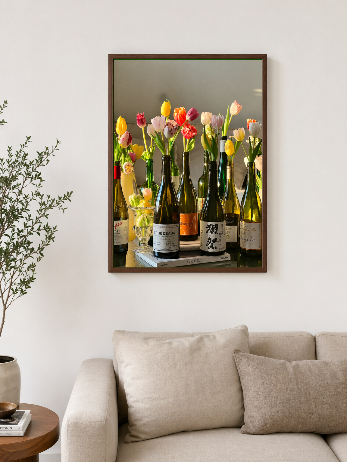 Tulips in Wine Bottles Still Life Wall Art Print - dark wood framed