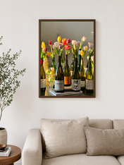 Tulips in Wine Bottles Still Life Wall Art Print - dark wood framed