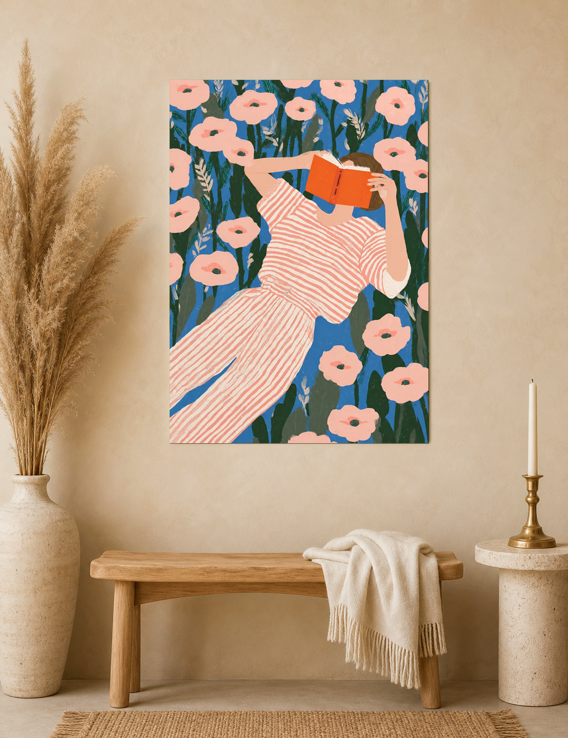 Girl Reading in Flower Field Wall Art Print - unframed mockup