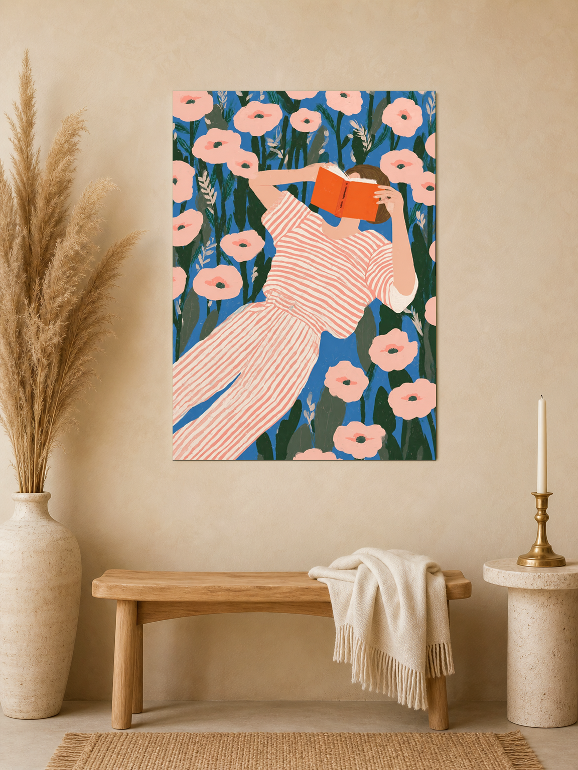 Girl Reading in Flower Field Wall Art Print - unframed mockup