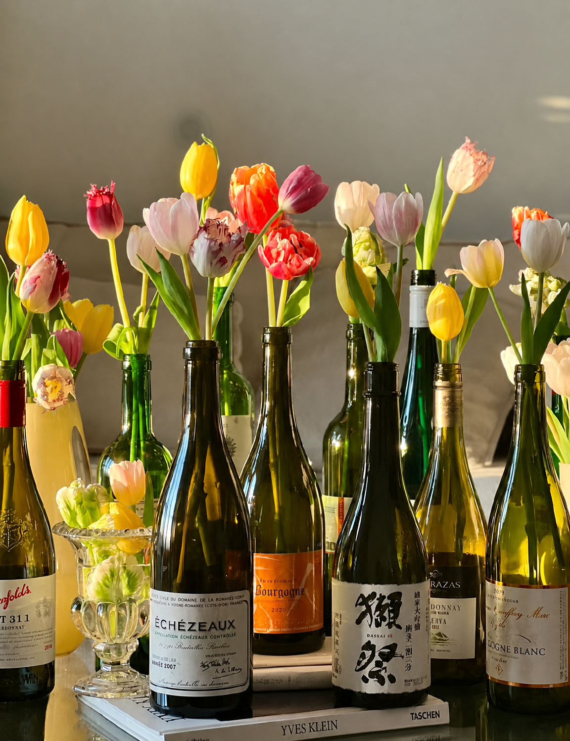 Tulips in Wine Bottles Still Life Wall Art Print - unframed