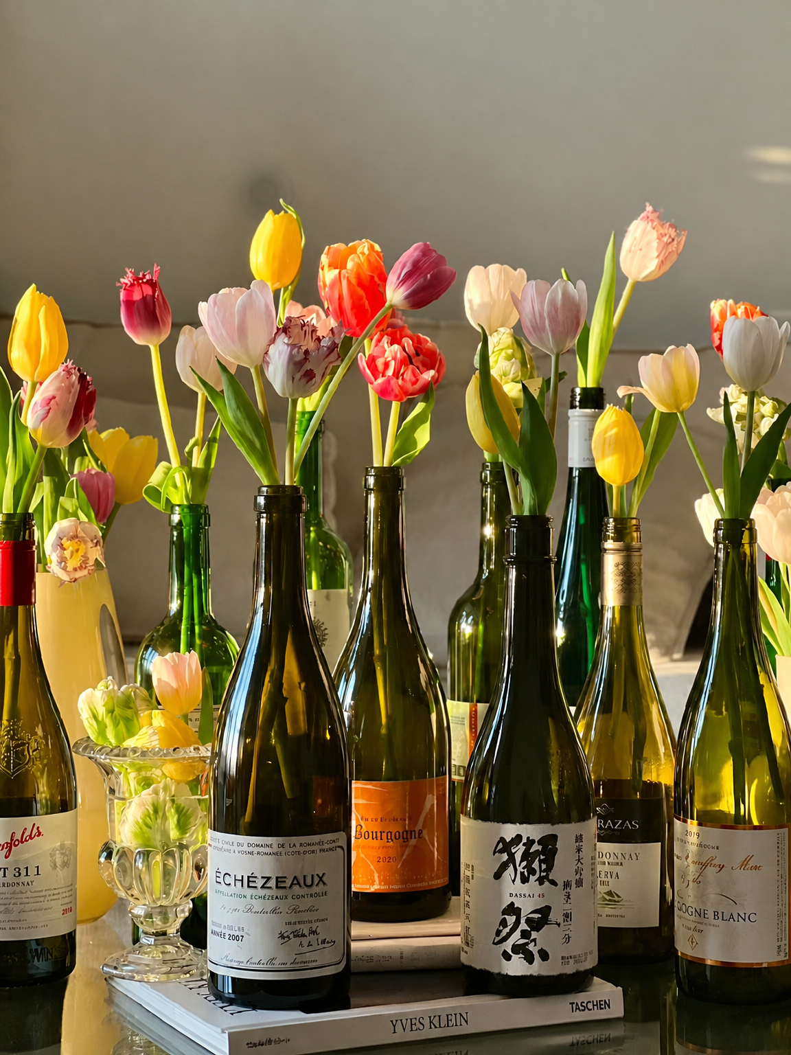 Tulips in Wine Bottles Still Life Wall Art Print - unframed