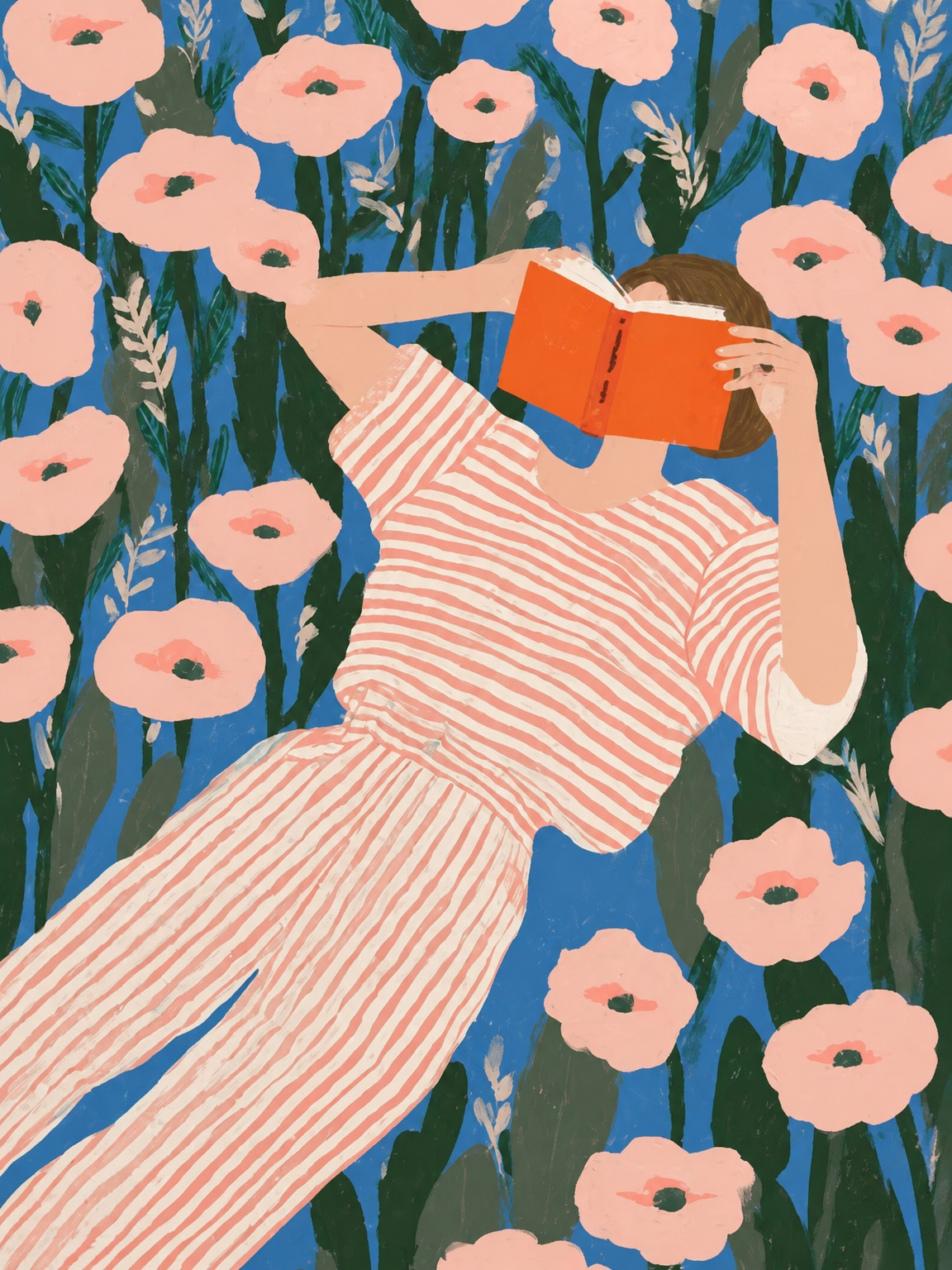 Girl Reading in Flower Field Wall Art Print - unframed