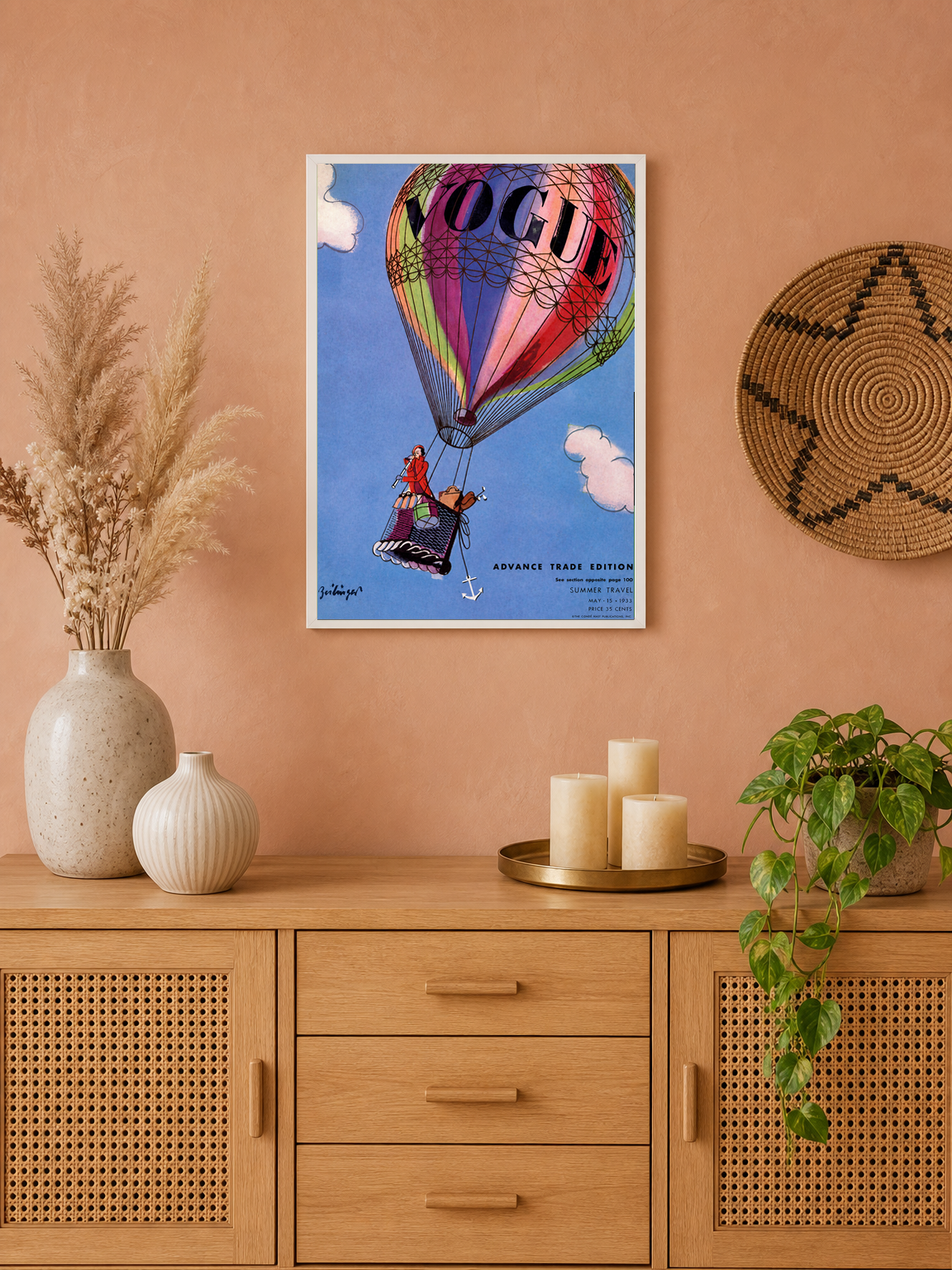 Vogue Hot Air Balloon Vintage Wall Art Print - white framed