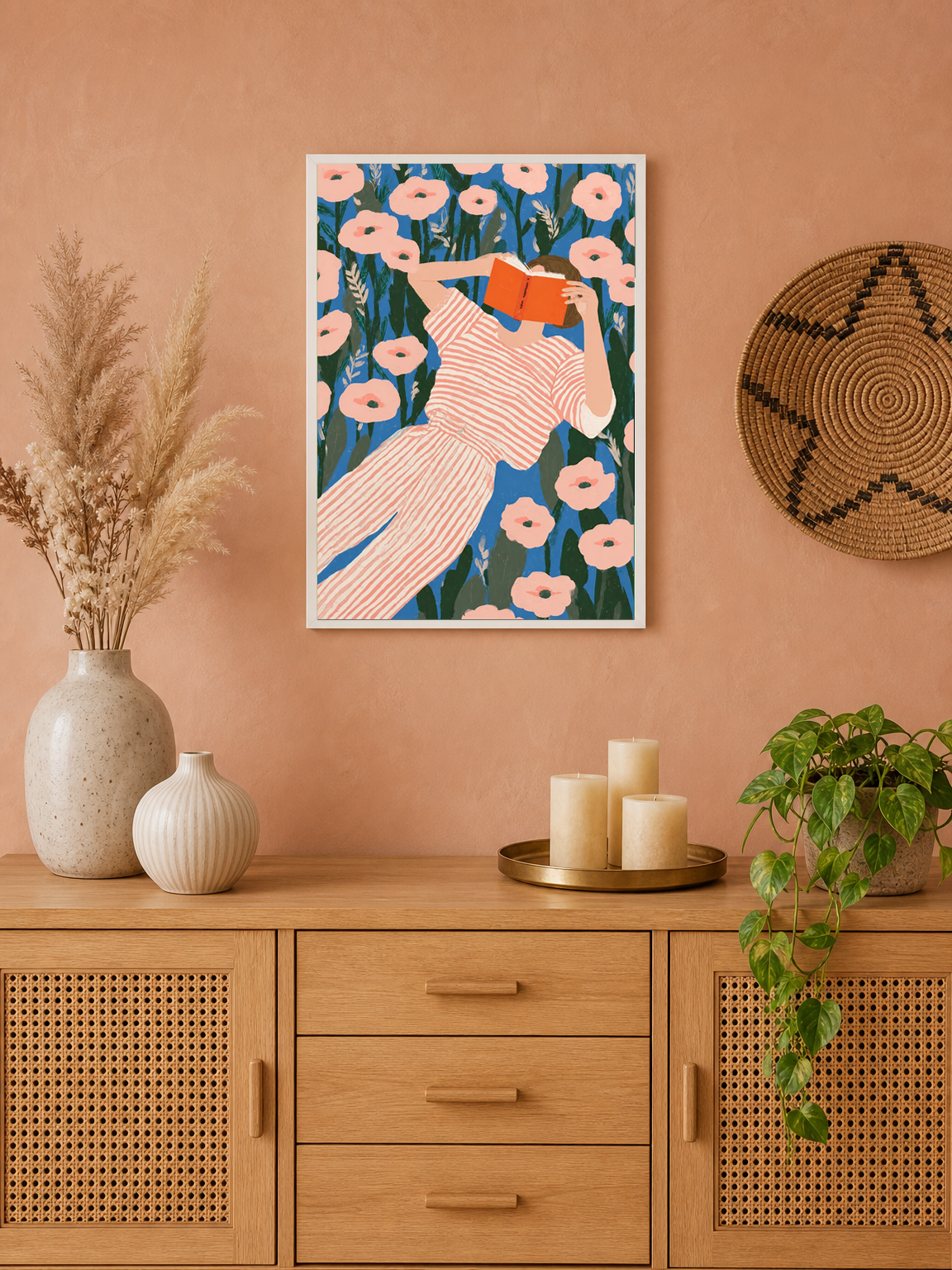 Girl Reading in Flower Field Wall Art Print - white framed