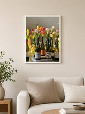 Tulips in Wine Bottles Still Life Wall Art Print - white framed