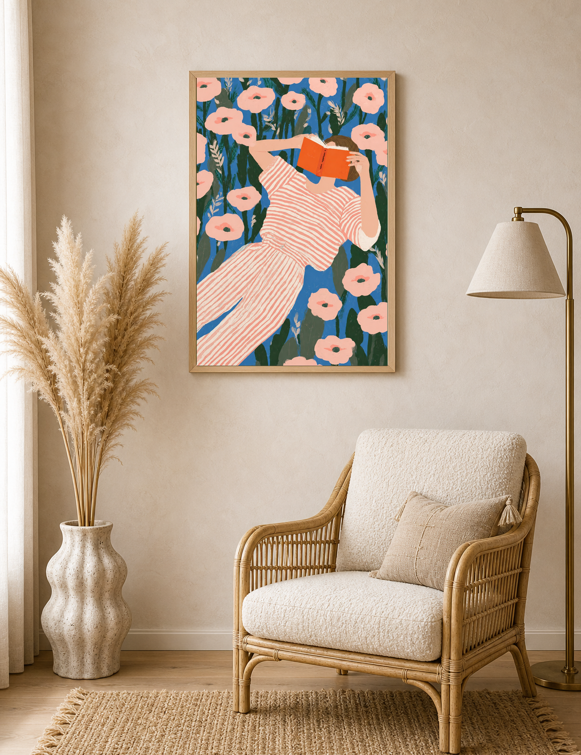 Girl Reading in Flower Field Wall Art Print - wood framed poster