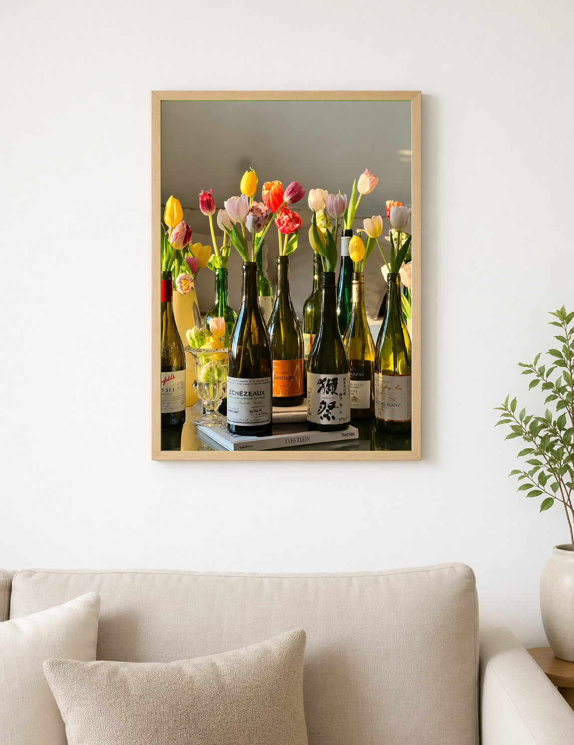 Tulips in Wine Bottles Still Life Wall Art Print - wood framed poster