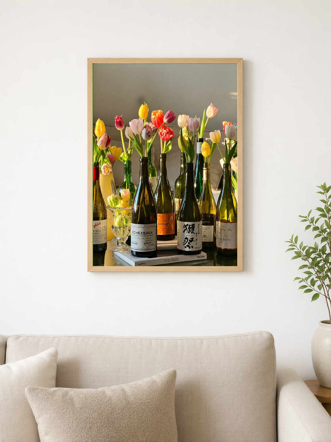 Tulips in Wine Bottles Still Life Wall Art Print - wood framed poster