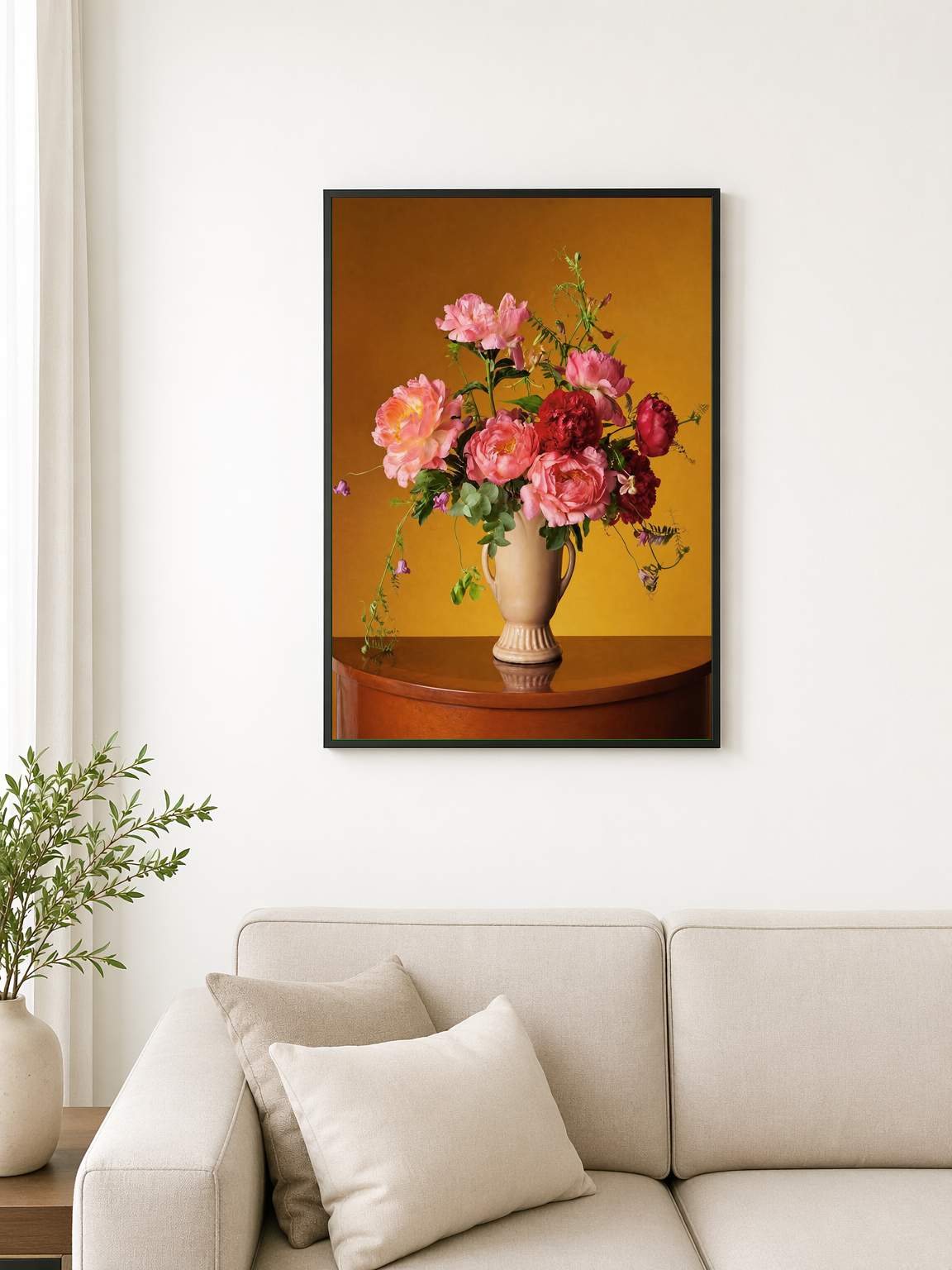 Peony Still Life Floral Wall Art Print - black framed