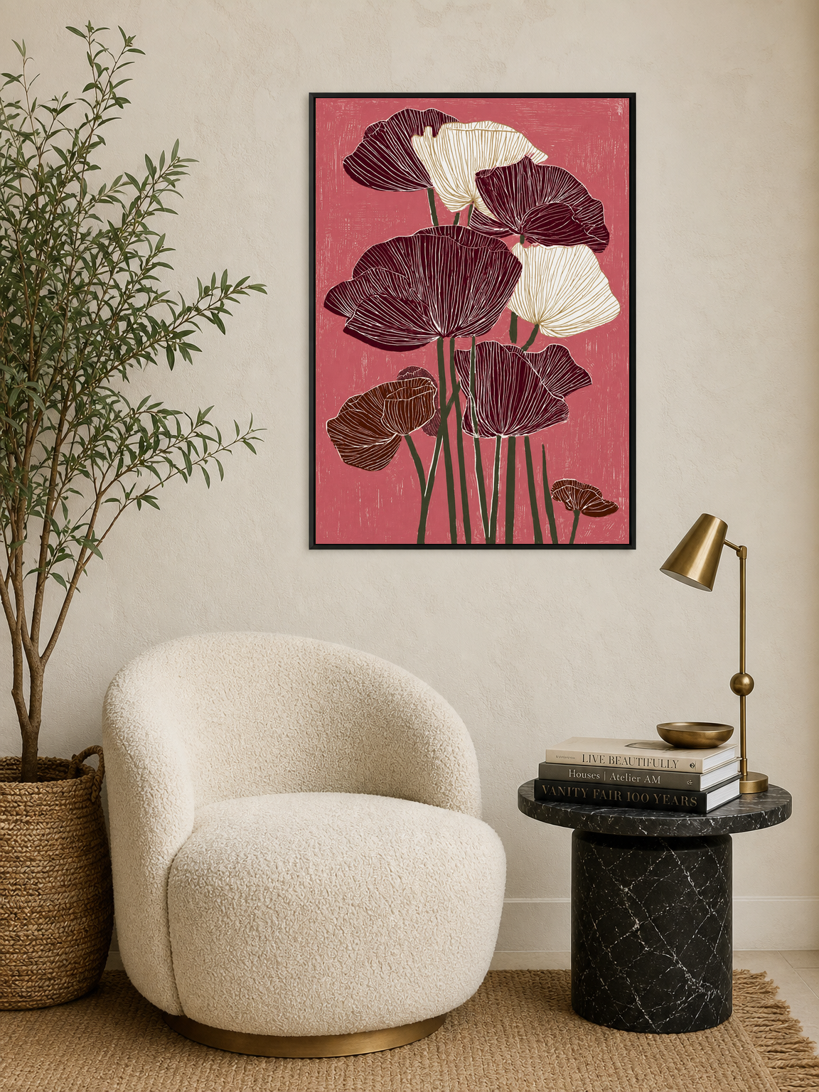 Burgundy Poppy Flowers Wall Art Print - black framed