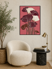Burgundy Poppy Flowers Wall Art Print - black framed