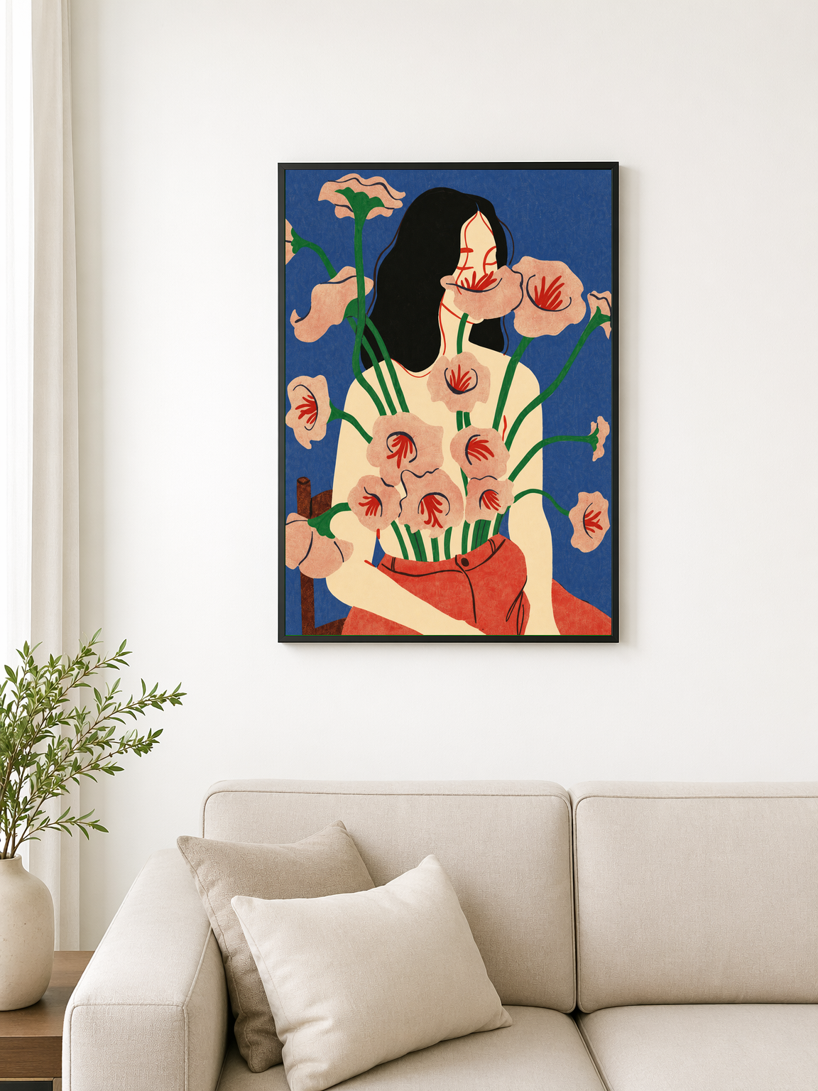 Abstract Floral Woman Wall Art Print - black framed