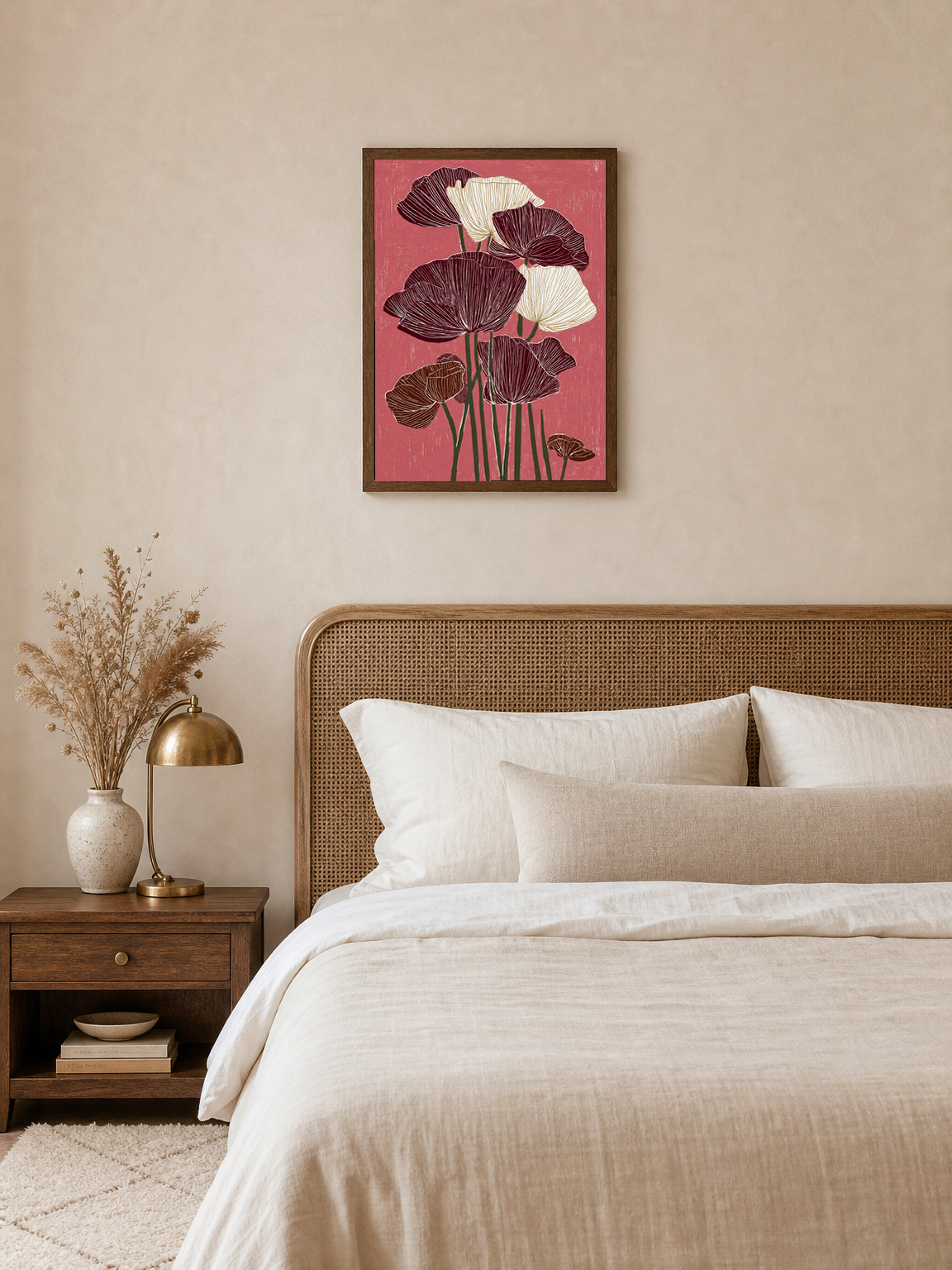 Burgundy Poppy Flowers Wall Art Print - dark wood framed