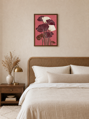 Burgundy Poppy Flowers Wall Art Print - dark wood framed