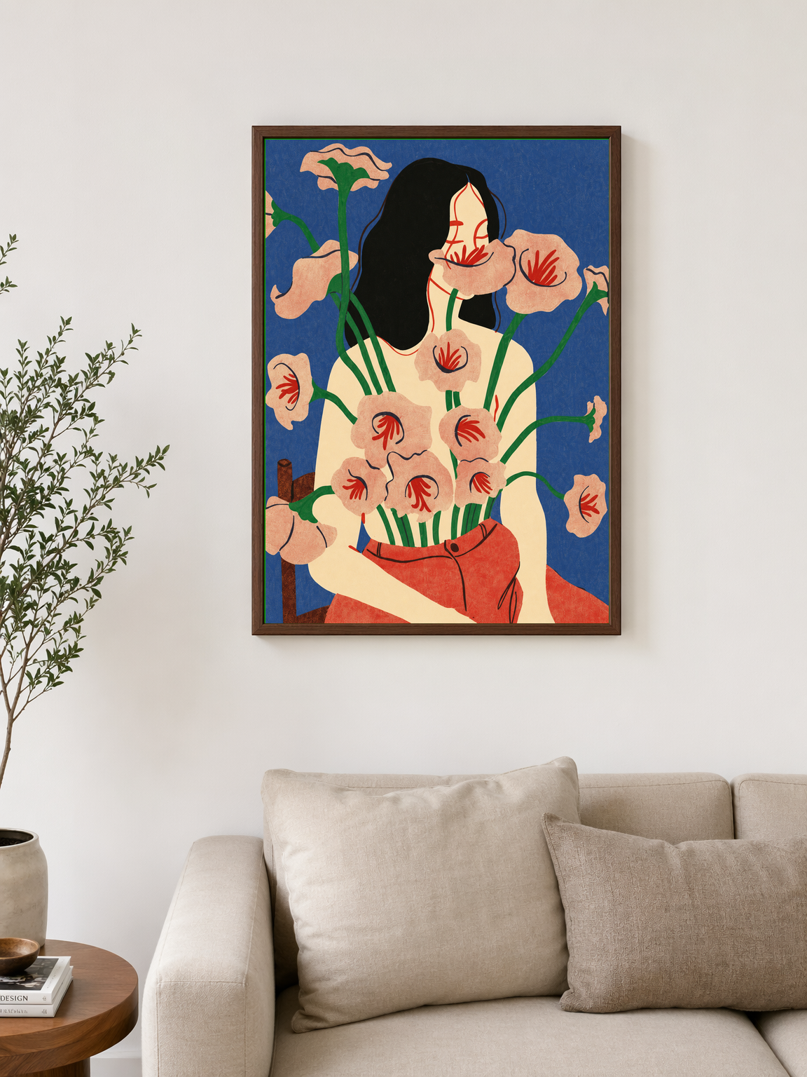 Abstract Floral Woman Wall Art Print - dark wood framed