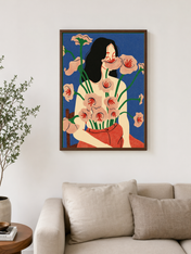 Abstract Floral Woman Wall Art Print - dark wood framed
