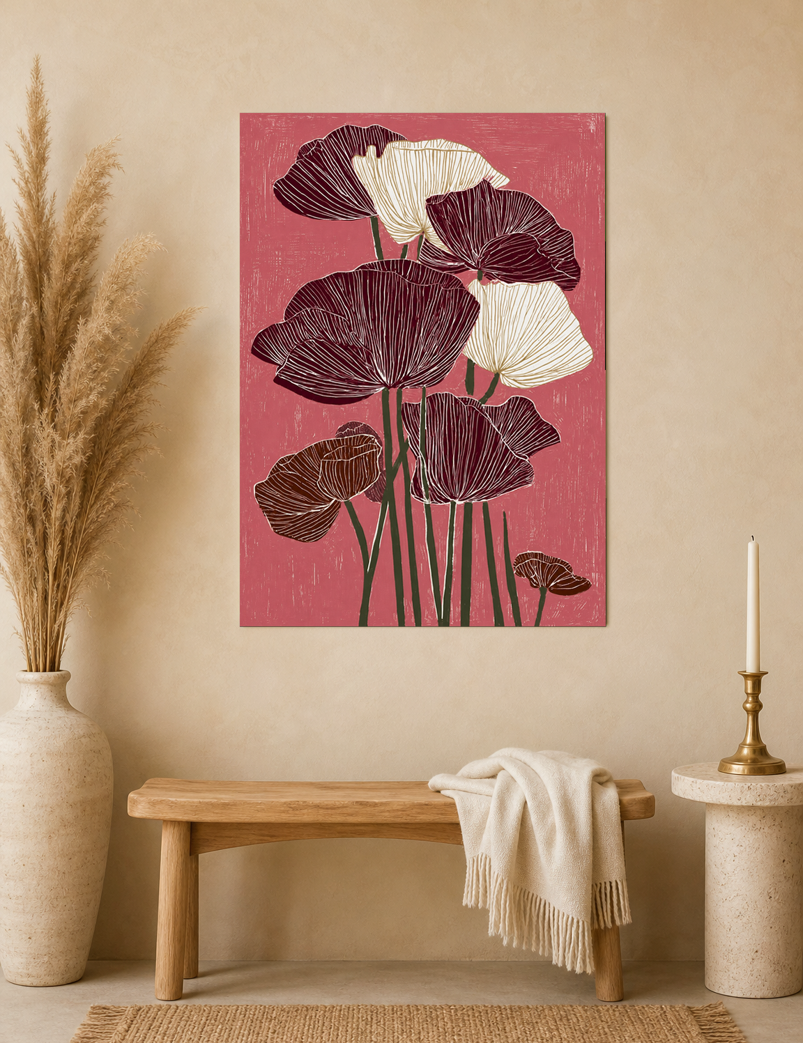 Burgundy Poppy Flowers Wall Art Print - unframed mockup