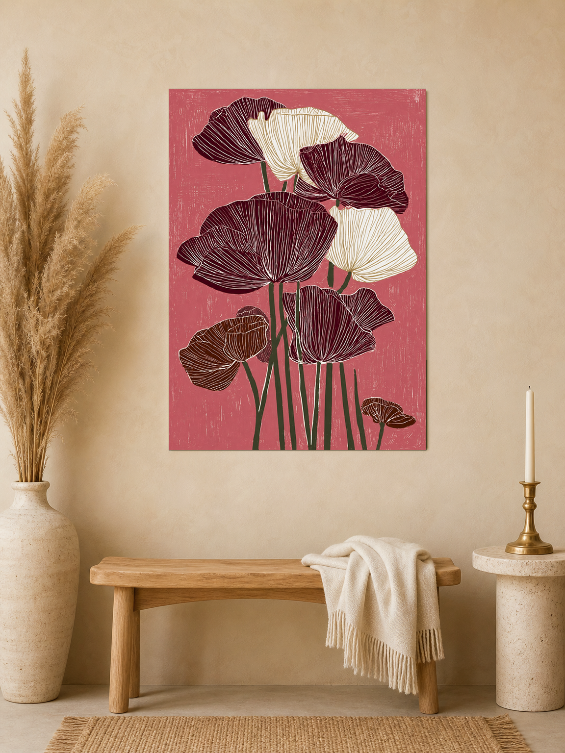 Burgundy Poppy Flowers Wall Art Print - unframed mockup