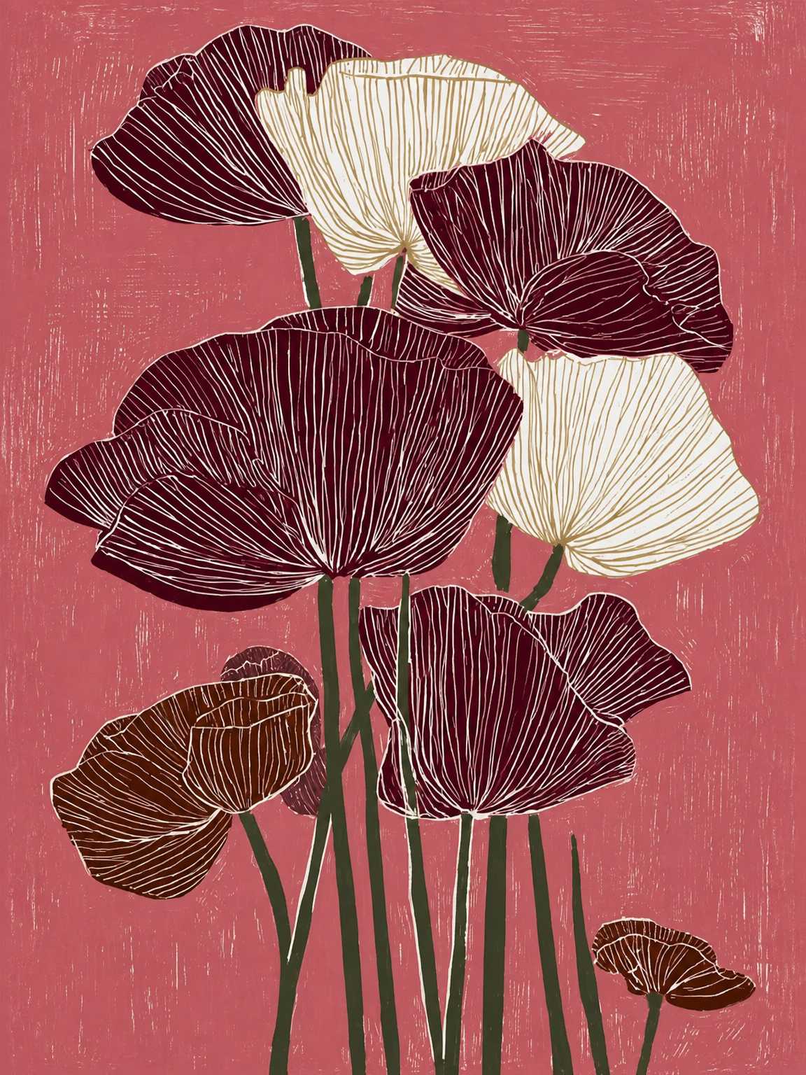 Burgundy Poppy Flowers Wall Art Print - unframed