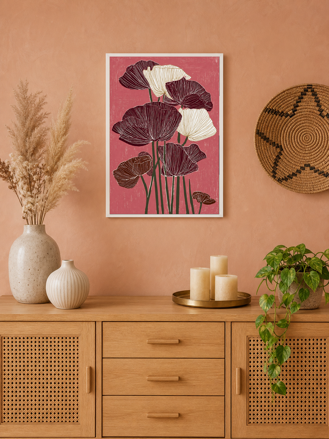 Burgundy Poppy Flowers Wall Art Print - white framed