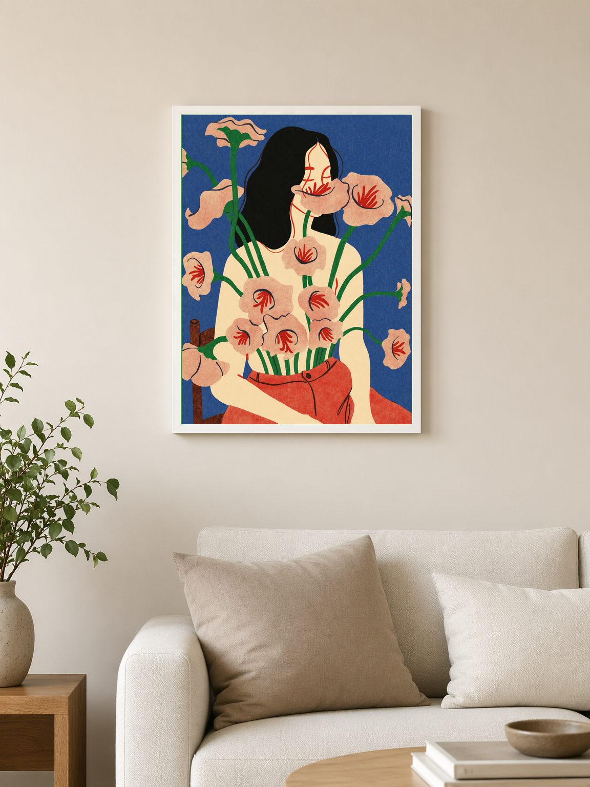 Abstract Floral Woman Wall Art Print - white framed