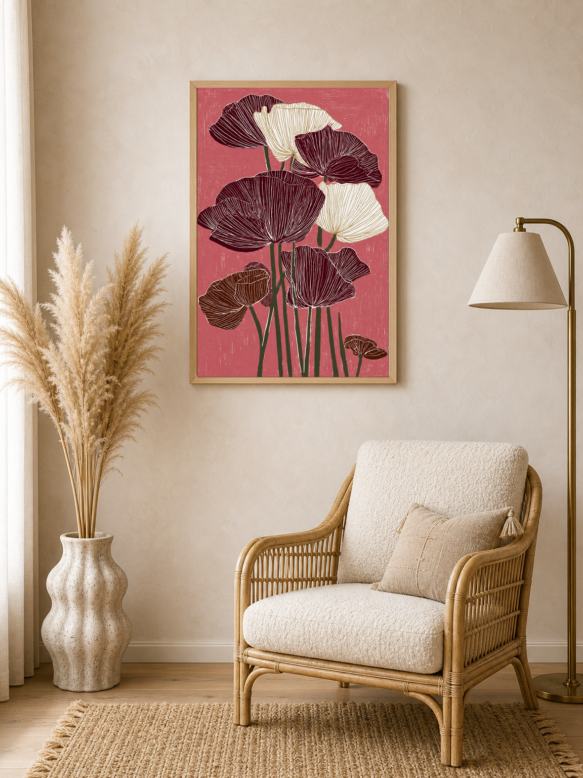 Burgundy Poppy Flowers Wall Art Print - wood framed poster
