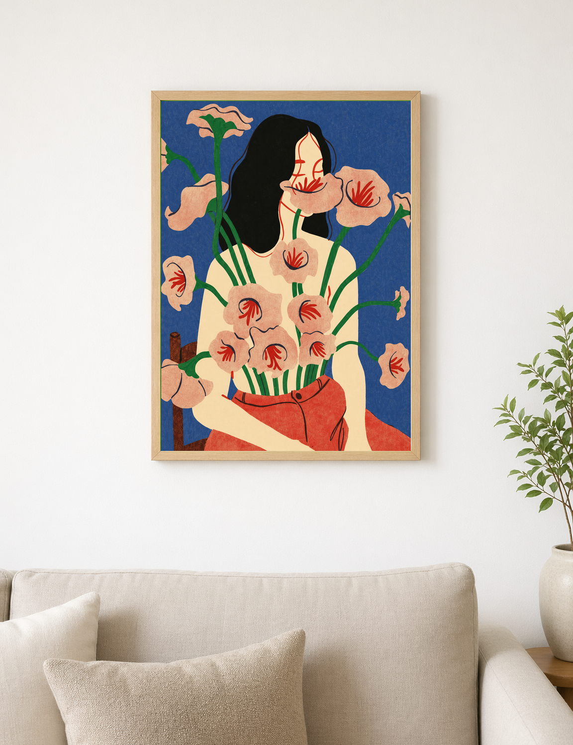 Abstract Floral Woman Wall Art Print - wood framed poster