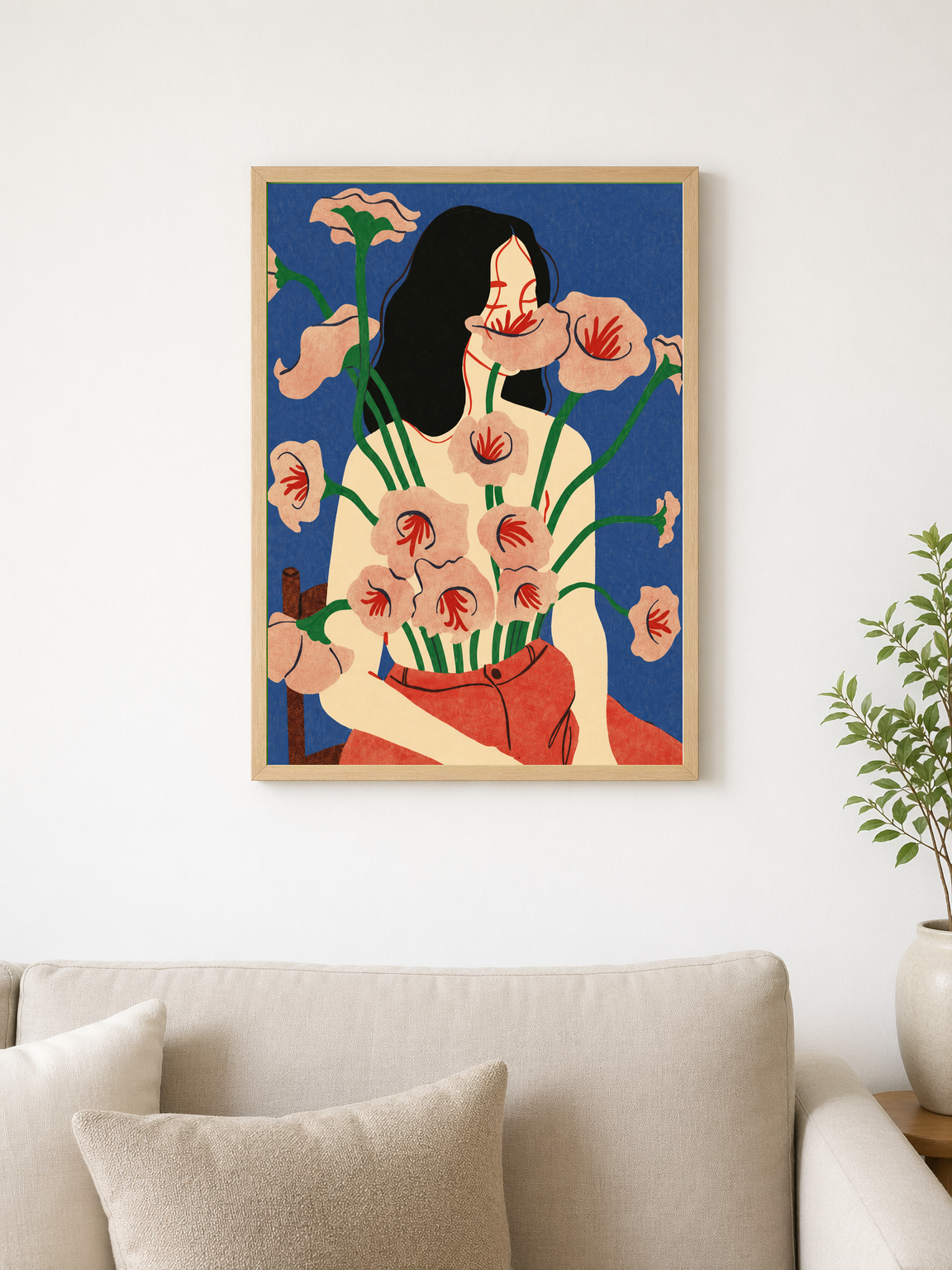 Abstract Floral Woman Wall Art Print - wood framed poster