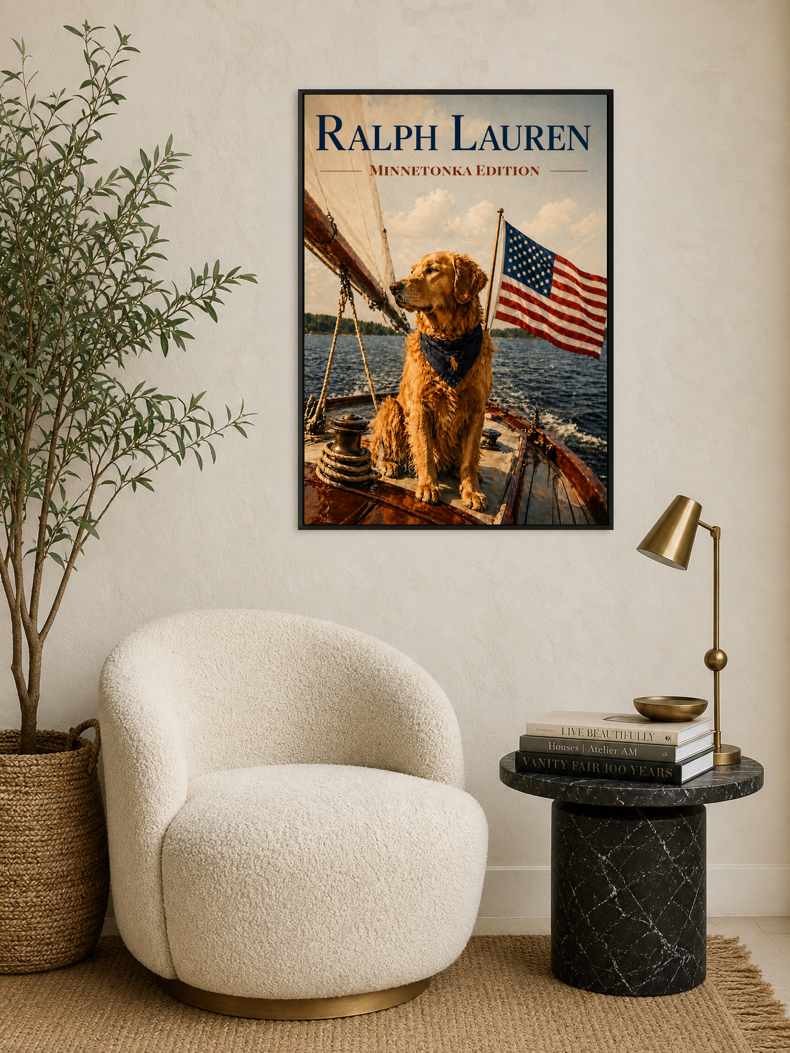 Golden Retriever Patriot Boat Wall Art Print - black framed